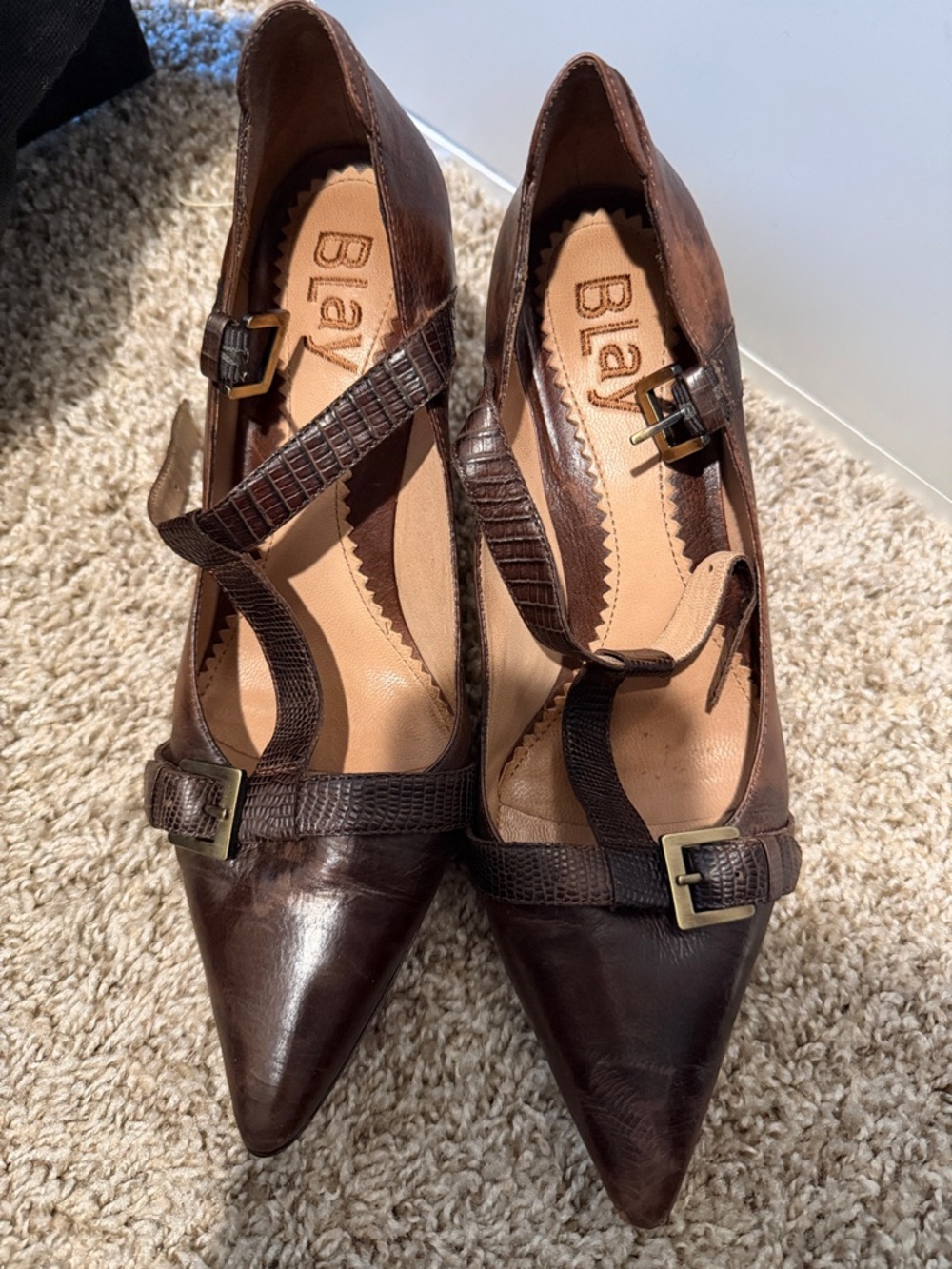 Women's Brown Pointed Toe Buckle Heels